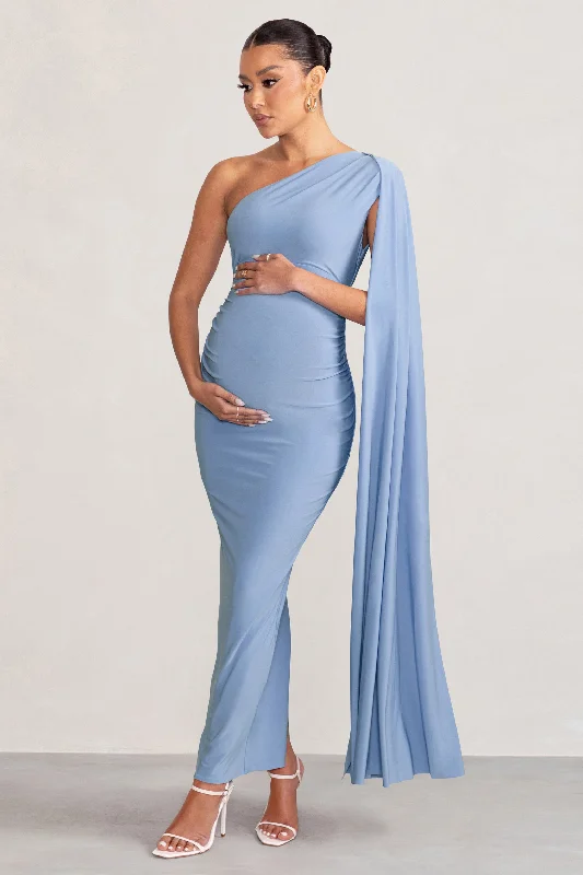 Woven Maxi Dresses -Amaryllis | Powder Blue Maternity One Shoulder Maxi Dress with Cape Sleeve