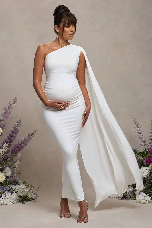 Chevron Maxi Dresses -Amaryllis | White Maternity One Shoulder Maxi Dress with Cape Sleeve