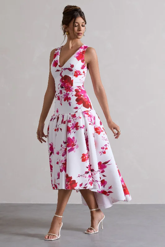 Maxi Dresses for Evening Chill -Amoret | Pink Floral Print Plunge-Neck Maxi Dress With Volume Hem