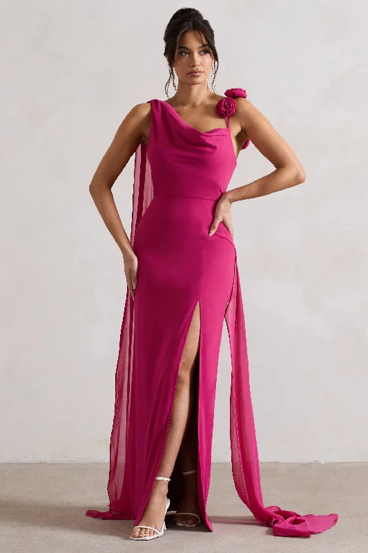 Suede Maxi Dresses -Angeline | Dark Pink Chiffon Draped Split Maxi Dress With Corsages