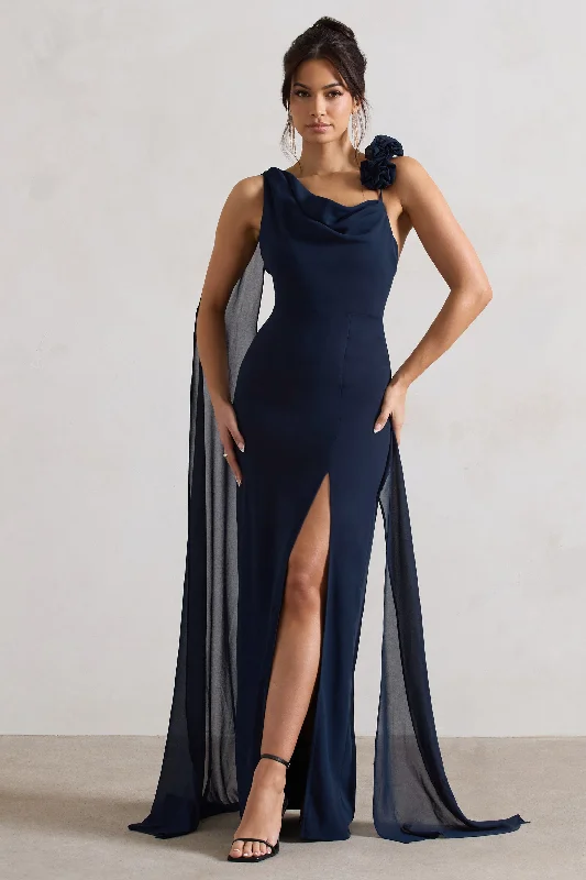 Sheer-Chiffon Maxi Dresses -Angeline | Navy Chiffon Draped Split Maxi Dress With Corsages