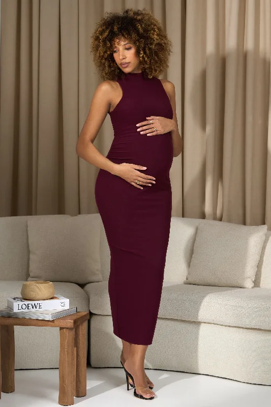 Maxi Dresses for Everyday Ease -Anika | Burgundy High-Neck Sleeveless Split Maternity Maxi Dress