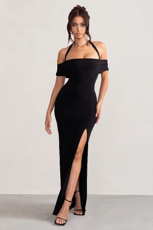 Maxi Dresses for Hot Weather -Anisa | Black Halter Neck Bardot Maxi Dress With Thigh Split