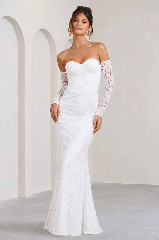 Embroidered Maxi Dresses -Aniyah | White Lace Bandeau Neckline Corset Fishtail Maxi Dress With Sheer Sleeves