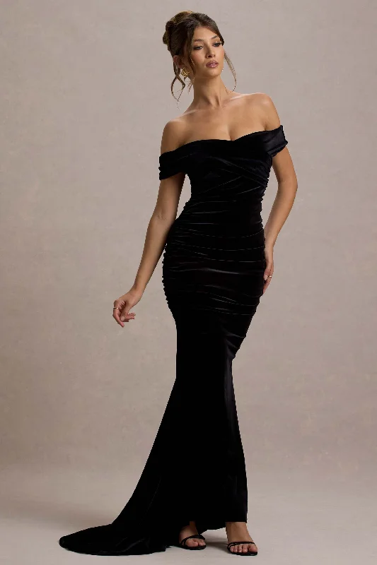 Maxi Dresses for Bridesmaid Roles -Apolline | Black Velvet Off The Shoulder Ruched Fishtail Maxi Dress