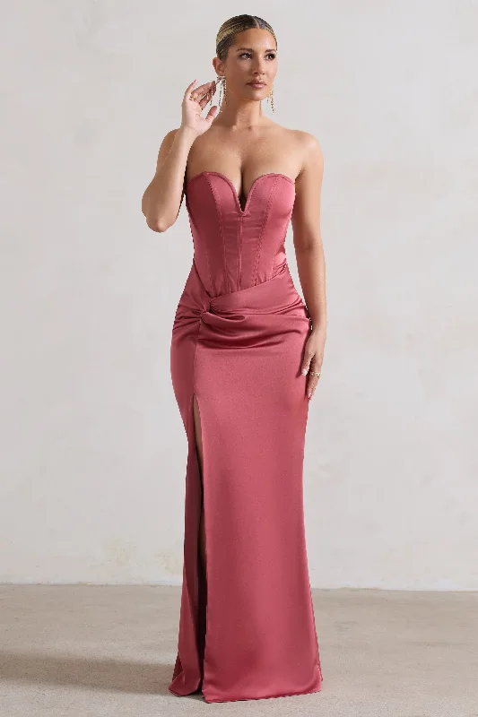 Maxi Dresses for Lunch Events -Ardelle | Rose Pink Satin Corseted Wrap Maxi Dress