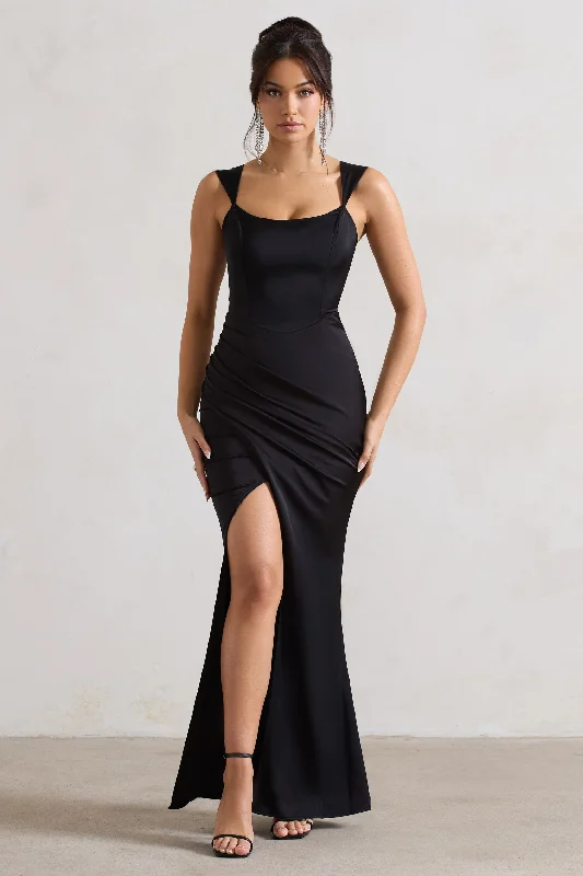 Light-Velvet Maxi Dresses -A Romantic | Black Satin Corset Wrap Maxi Dress