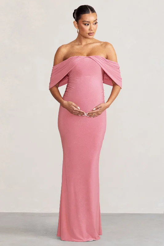 Glitter Maxi Dresses -Asha | Blush Pink Draped Sleeve Bardot Maternity Maxi Dress