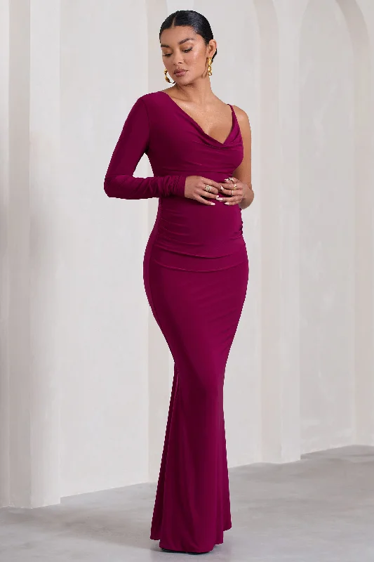 Bold-Hue Maxi Dresses -At Dusk | Berry Maternity One-Sleeved Cowl-Neck Fishtail Maxi Dress