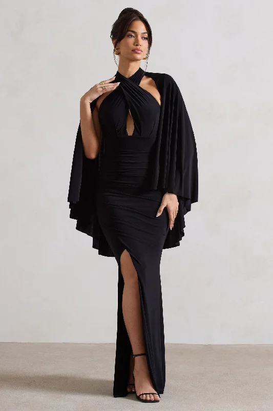 Maxi Dresses for Game Nights -Audrina | Black Ruched Halter-Neck Split Maxi Dress With Cape