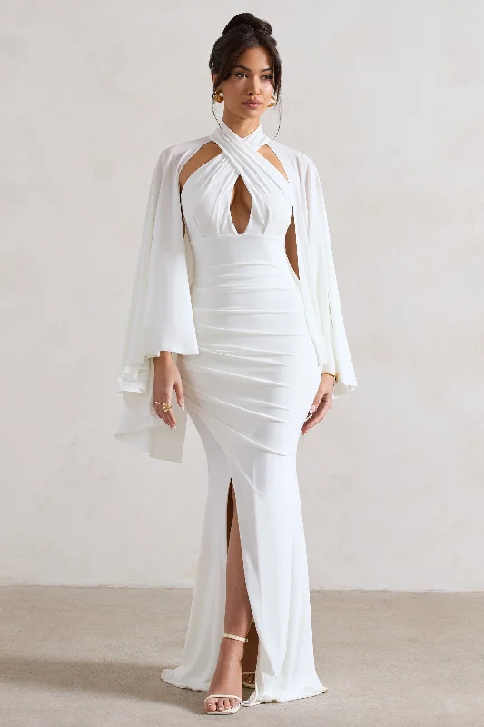 Warm-Tone Maxi Dresses -Audrina | White Ruched Halter-Neck Split Maxi Dress With Cape