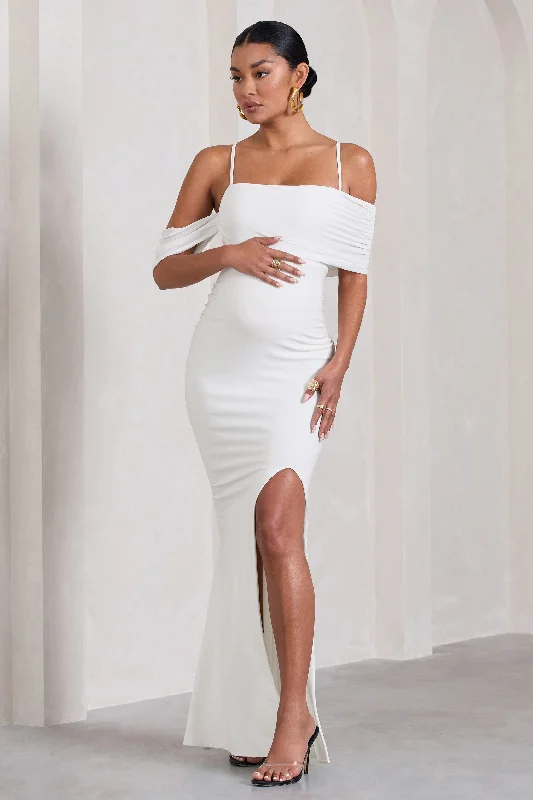 Maxi Dresses for Book Launches -Augusta | White Mesh Bardot Strappy Split Maternity Maxi Dress