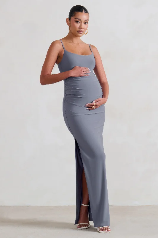 Abstract Maxi Dresses -Aurelia | Grey Maternity Cami Maxi Dress With Split