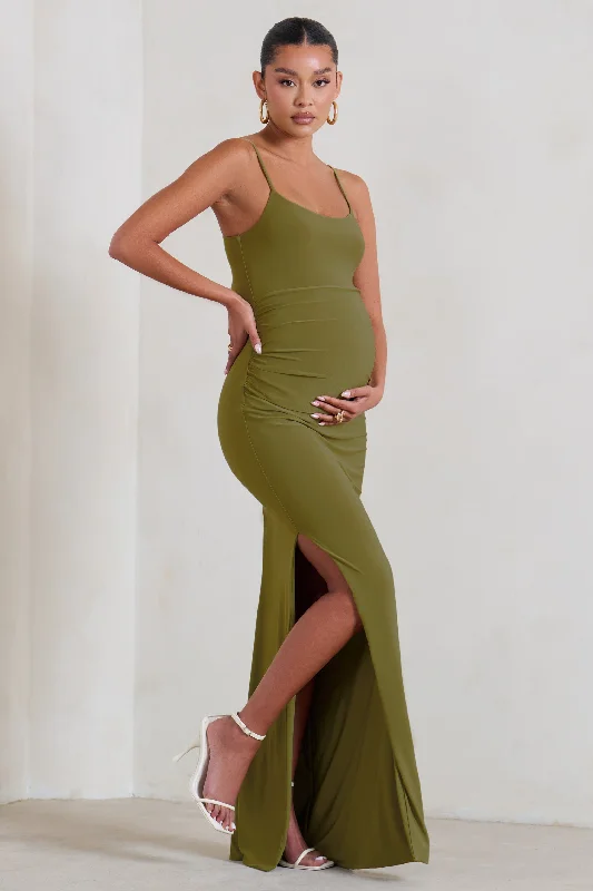 Knit Maxi Dresses -Aurelia | Olive Green Maternity Cami Maxi Dress With Split