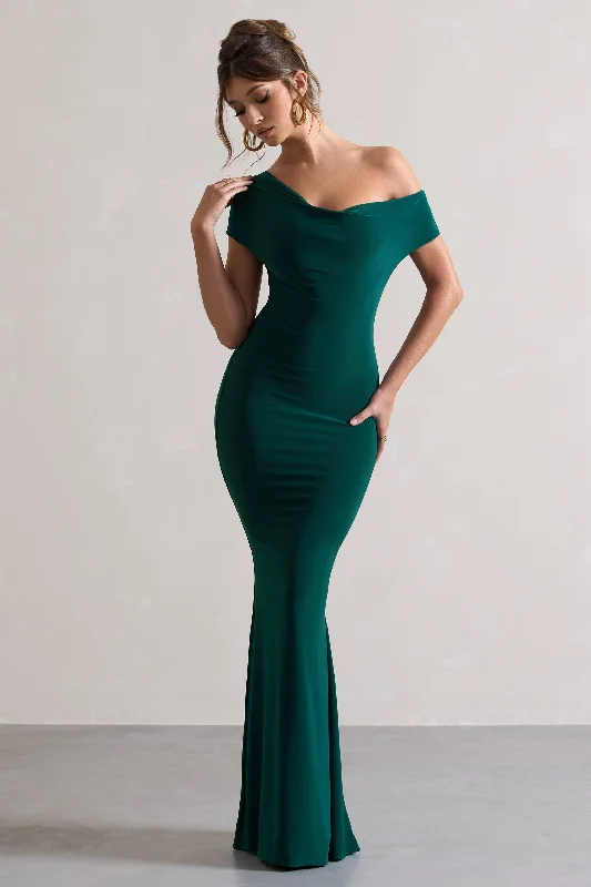 Shiny Maxi Dresses -Avila | Bottle Green Asymmetric Bardot Maxi Dress