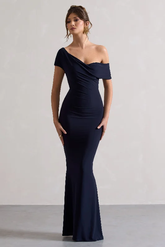 Maxi Dresses for Curvy Bodies -Avila | Navy Asymmetric Bardot Maxi Dress