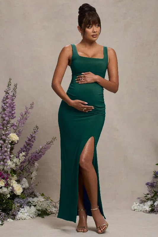 Bow-Edge Maxi Dresses -Avril | Bottle Green Square Neck Maternity Maxi Dress with Split