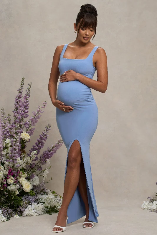 Soft-Stripe Maxi Dresses -Avril | Powder Blue Square Neck Maternity Maxi Dress with Split