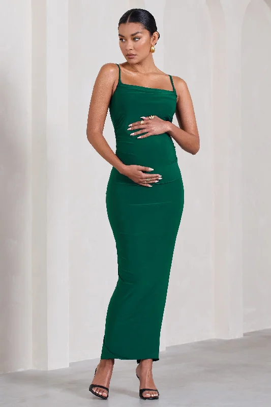 Flounce-Front Maxi Dresses -Azalea | Bottle Green Strappy Square-Neck Maternity Maxi Dress