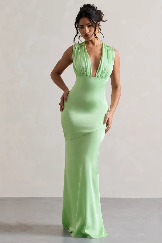 Maxi Dresses for Pool Dates -Azzara | Light Green Satin Ruched V-Neck Maxi Dress