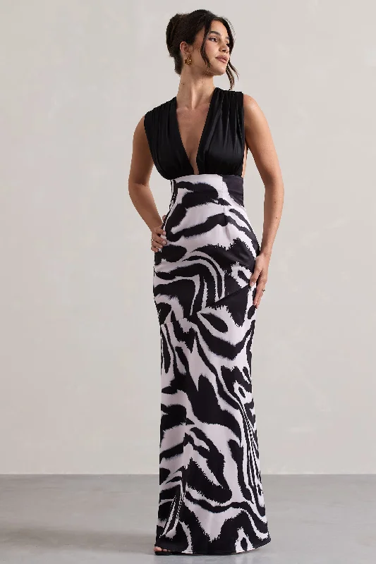 Pure-Cotton Maxi Dresses -Azzara | Zebra Print Satin Ruched V-Neck Maxi Dress