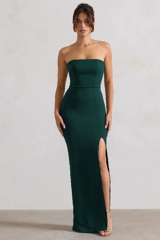 Maxi Dresses for Dinner Dates -Belle of The Ball | Bottle Green Bandeau Maxi Dress With Split Hem