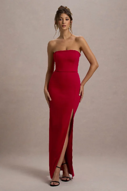 Maxi Dresses for City Nights -Belle of The Ball | Red Bandeau Maxi Dress With Split Hem