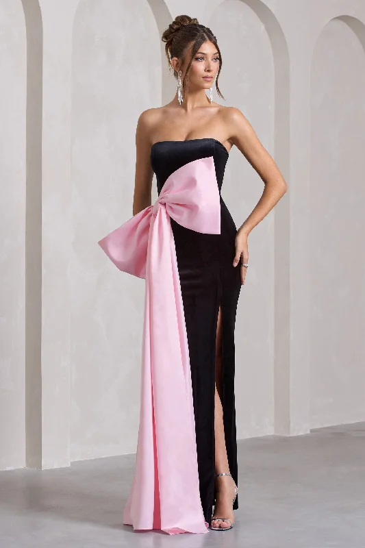 Maxi Dresses for Concerts -Best Wishes | Black Velvet Bandeau Split Maxi Dress With Oversized Pink Bow