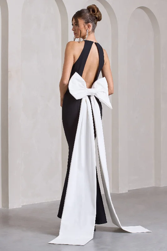 Chevron Maxi Dresses -Bestow | Black Open-Back Maxi Dress With Oversized White Bow