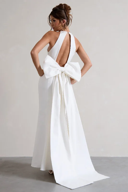 Maxi Dresses for Fall Brunches -Bestow | White Open-Back Maxi Dress With Oversized White Bow