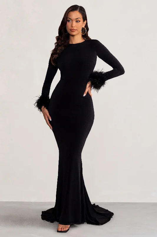 Maxi Dresses for Beach Dates -Betty | Black High Neck Long Sleeve Maxi Dress with Feather Cuffs