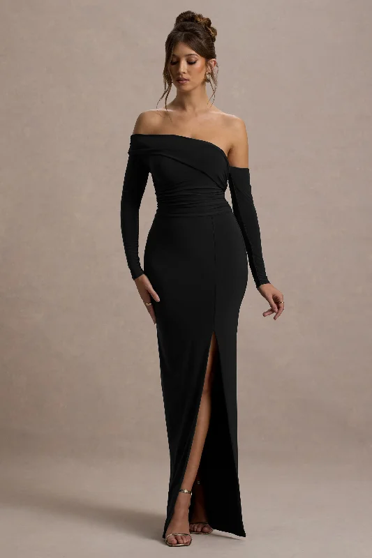 Affordable Maxi Dresses Online -Stand Out | Black Bardot Long Sleeve Ruched Maxi With Side Split