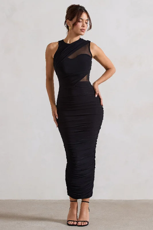 Cute-Hue Maxi Dresses -Born With It | Black Sleeveless High-Neck Draped Maxi Dress With Mesh Inserts