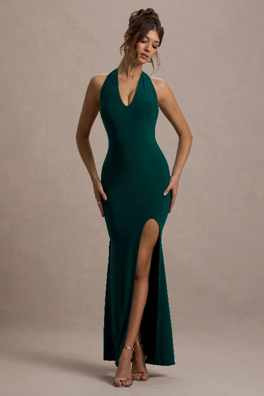 Rich-Velvet Maxi Dresses -Glamour | Bottle Green Backless V Plunge Halter Neck Maxi Dress With Side Split