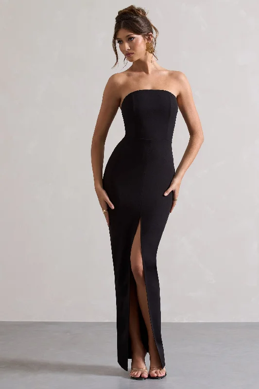 Side-Edge Maxi Dresses -Cailin | Black Strapless Split Maxi Dress