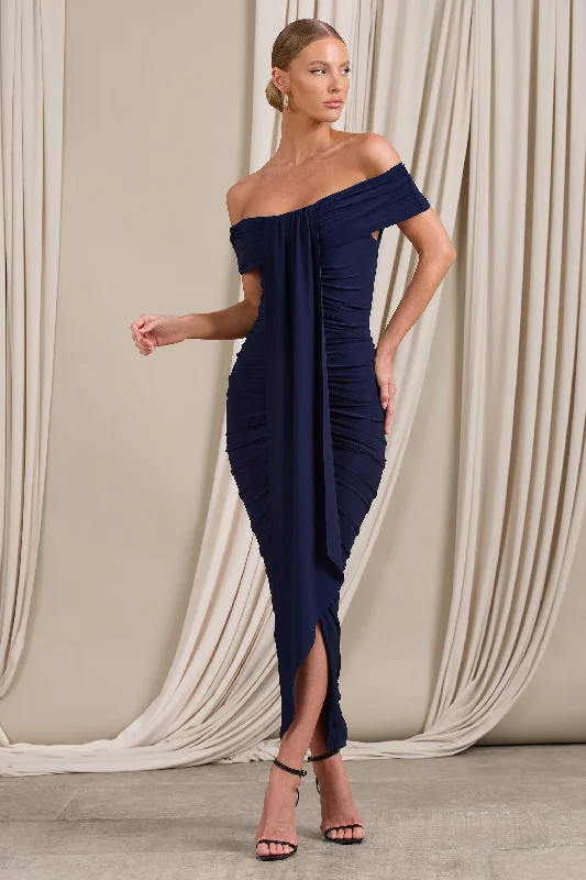 Soft-Hue Maxi Dresses -Camrin | Navy Ruched Bardot Maxi Dress With Train Detail