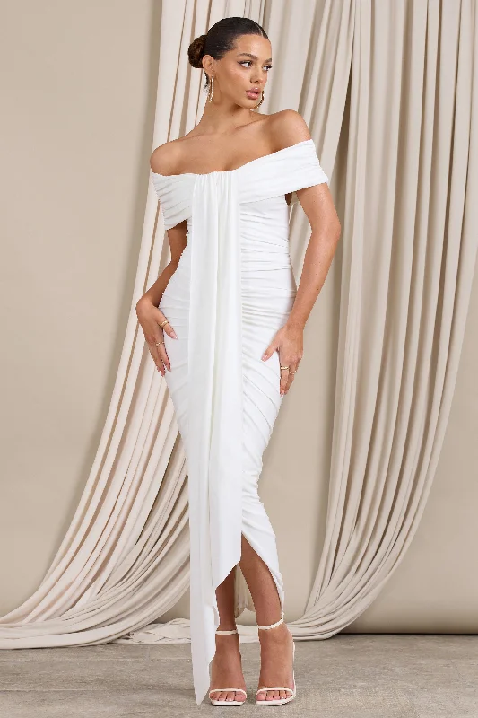 Twist-Edge Maxi Dresses -Camrin | White Ruched Bardot Maxi Dress With Train Detail