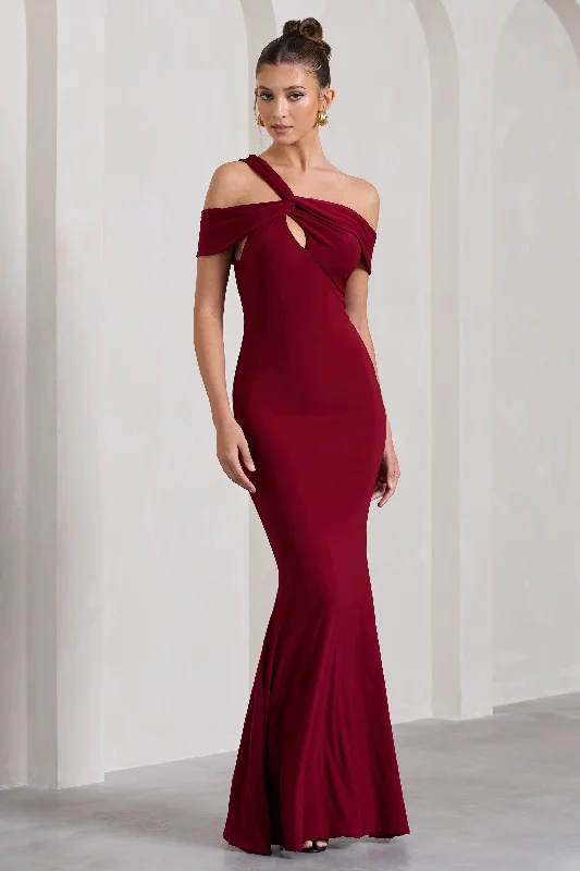 Velvet Maxi Dresses -Captivating | Berry Red Strappy Asymmetric Cut-Out Maxi Dress