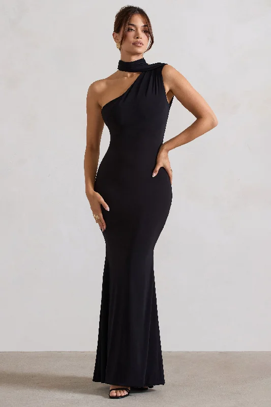 Maxi Dresses for Night Dates -Capucine | Black One Shoulder Draped Maxi Dress