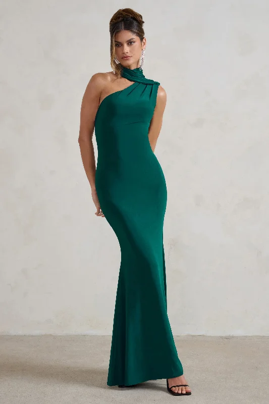 Smooth-Velvet Maxi Dresses -Capucine | Bottle Green One Shoulder Draped Maxi Dress