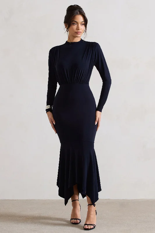 Light-Velvet Maxi Dresses -Carla | Navy High-Neck Maxi Dress With Draped Hem