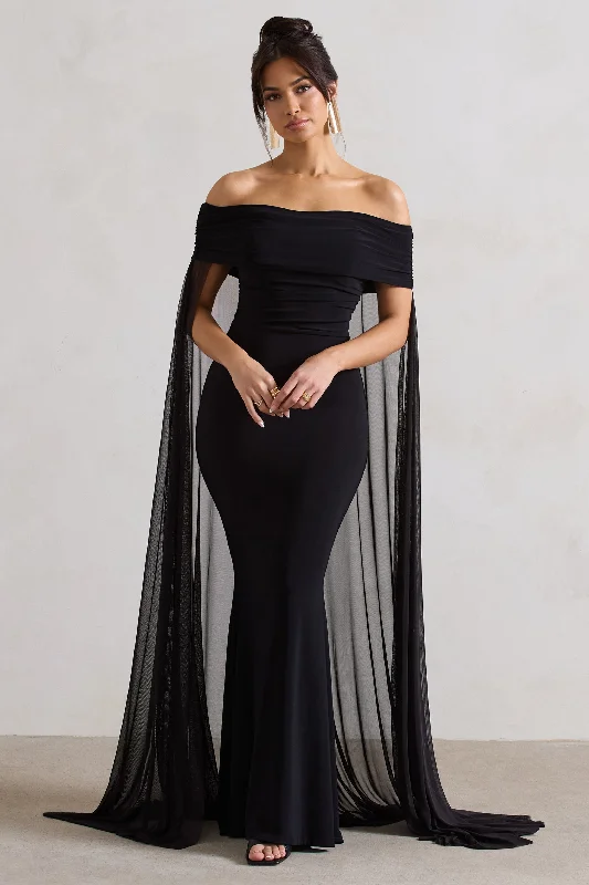 Blue Maxi Dresses for Evening Looks -Carlotta | Black Bardot Maxi Dress With Chiffon Cape