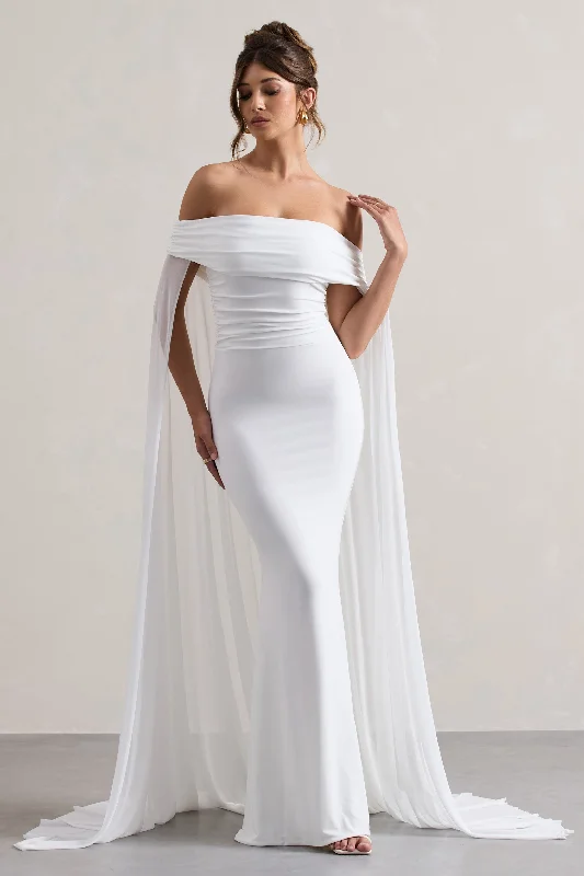 Swing-Edge Maxi Dresses -Carlotta | White Bardot Maxi Dress With Chiffon Cape