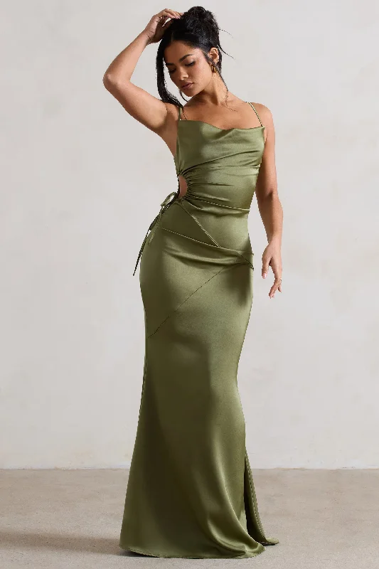 Maxi Dresses for Casual Events -Carter | Olive Green Satin Cowl-Neck Maxi Dress With Cut-Out