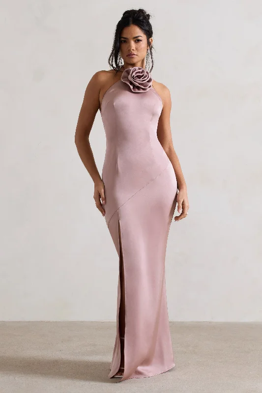 Keyhole Maxi Dresses -Cesca | Blush Pink Satin Halter-Neck Maxi Dress With Flower Corsage