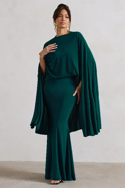 Flounce-Front Maxi Dresses -Charmaine | Bottle Green High-Neck Maxi Dress With Cape