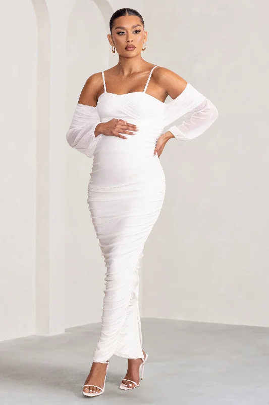 Cool-Tone Maxi Dresses -Announcement | White Maternity Ruched Mesh Maxi Dress