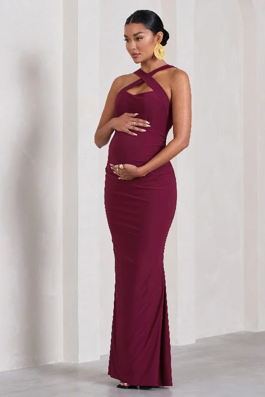 Soft-Wool Maxi Dresses -Cross My Heart | Burgundy Sleeveless Cross-Neck Maternity Maxi Dress