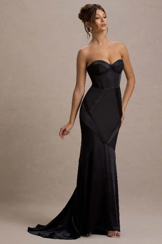 Maxi Dresses for Spring Fun -Custom | Black Satin Sweetheart Corset Fishtail Maxi Dress