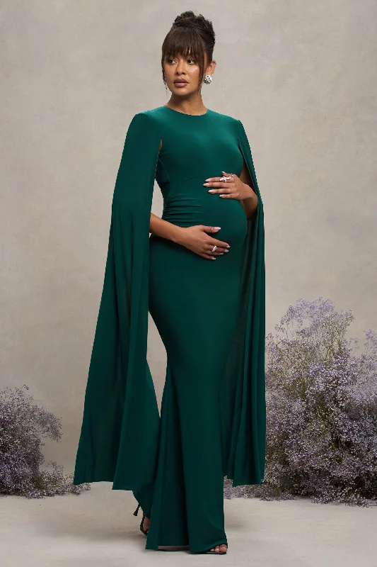 Gathered-Front Maxi Dresses -Divine Timing | Bottle Green Maternity Maxi Dress With Cape Sleeves